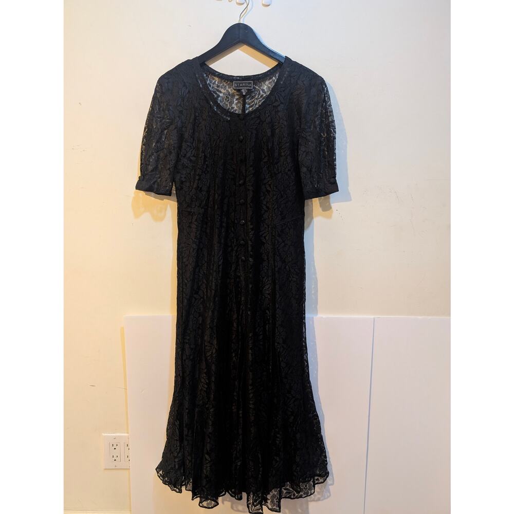 Vintage 1990s Starina Black Button Floral Lace Alt Emo Midi Dress w/ Slip Sz M